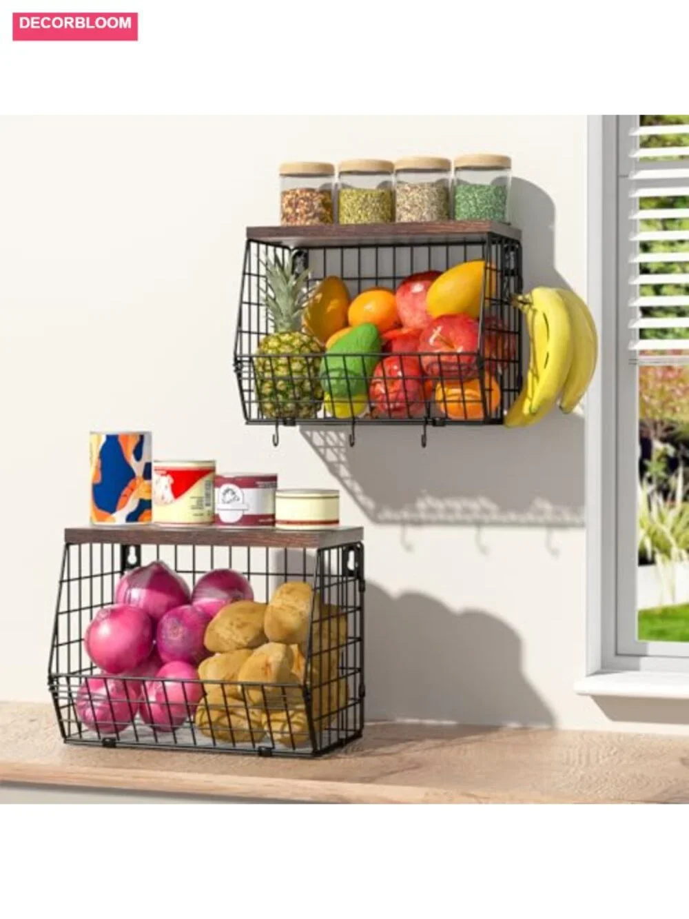 2 Tier Stackable Wire Fruit Basket with Lid and Banana Hooks